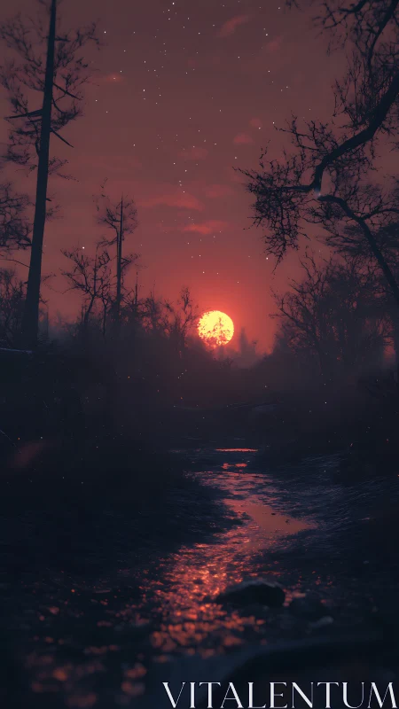 Blood-red moonrise over misty forest creek at dusk.