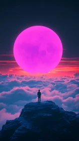 Solitary silhouette on summit facing oversized neon magenta moon