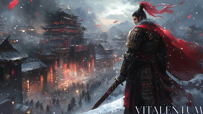 Armored warlord overlooking fortified snowbound city at dusk.