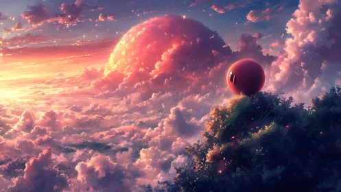 Pink orb gazes over dreamy sunset cloud sea in wonder.