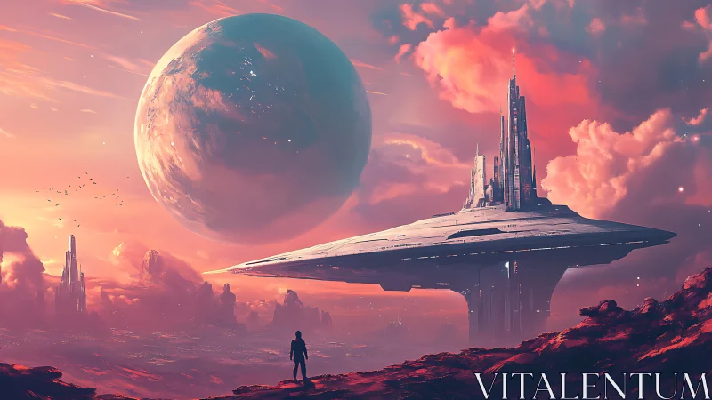 Floating extraterrestrial city above red rocky landscape.