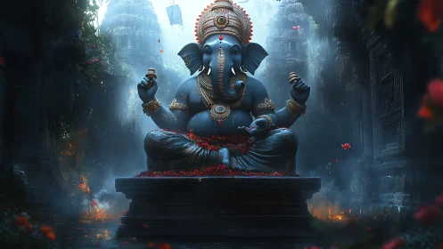 Majestic Ganesha statue in misty temple courtyard at dusk.