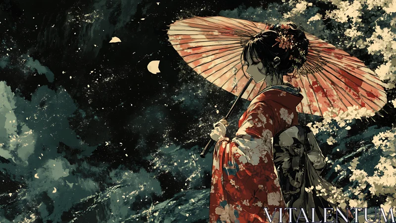Woman in red kimono holding parasol under falling blossoms.