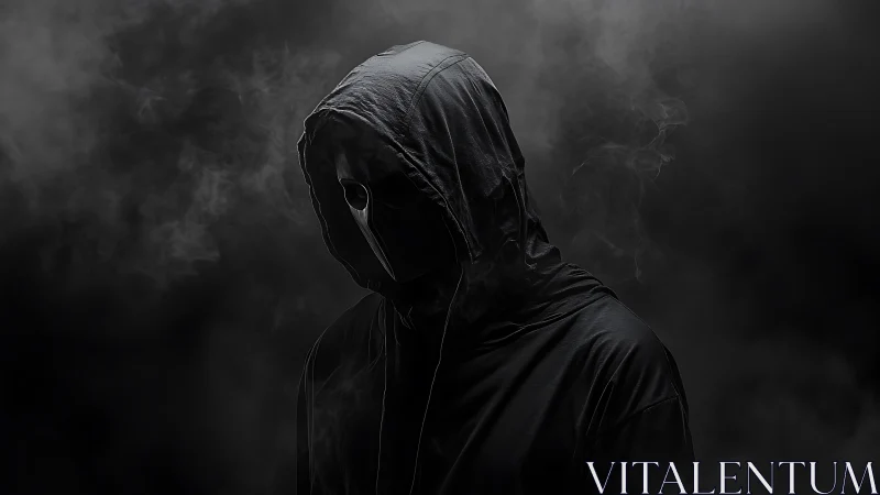 Shadowed hooded figure stands quietly in swirling dark smoke