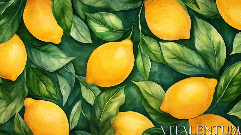 Watercolor-rendered lemons interlaced with dense green foliage