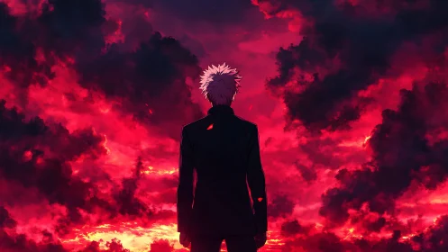 Backlit figure silhouettes against turbulent red storm sky