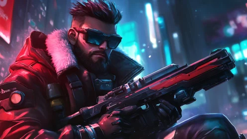 Cybernetic marksman in neon-dense urban nightscape poised.