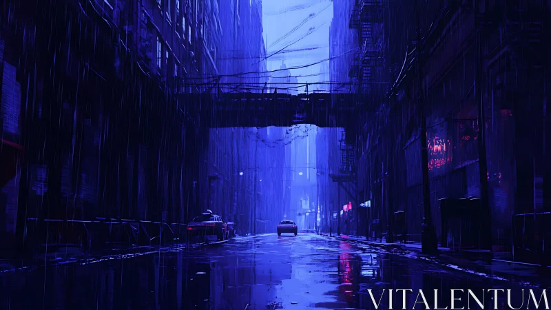 Neon-soaked rainy alleyway glows in deep cyberpunk blue.
