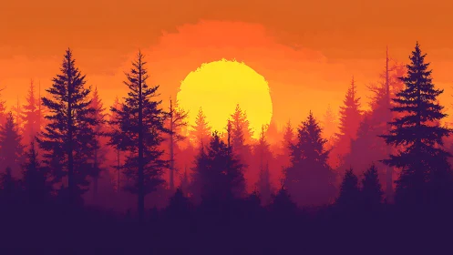 Silhouetted conifer forest against large orange sunset sky.
