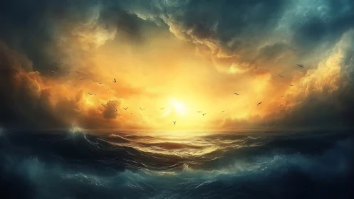 Fiery ocean horizon ignites beneath storm-split sky at dawn.