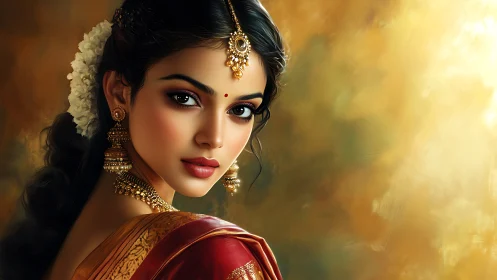 Woman in traditional attire looks back against warm backdrop