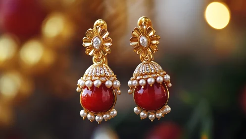 Ornate gold jhumka earrings with red cabochons and pearls
