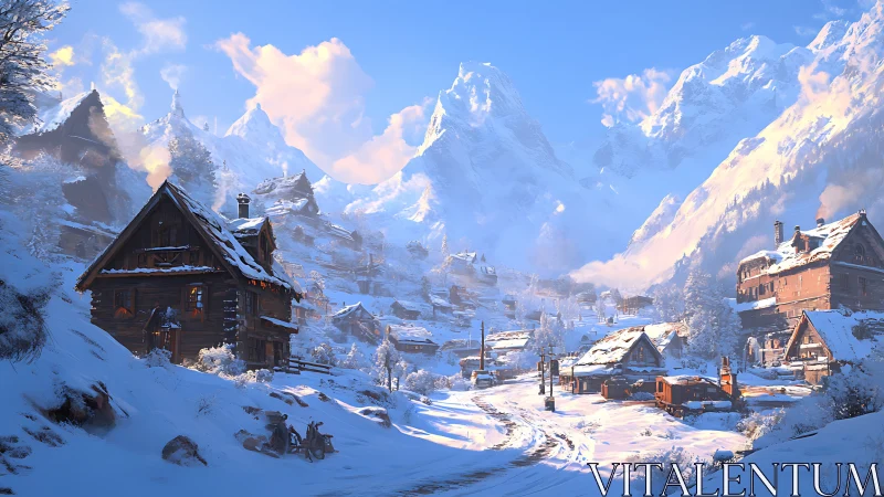 Snowbound alpine village under bright winter sunrise.