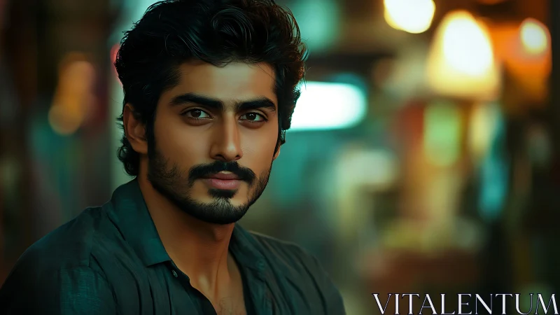 Digital painting portrait with cinematic bokeh street background.