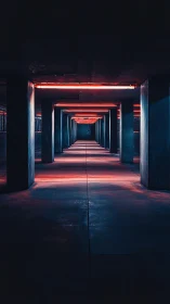 Cyberpunk corridor with neon-lit columns and deep vanishing point.