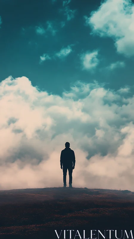 Quiet silhouette gazing into a dreamy teal sky of clouds.