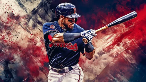 Baseball batter swings bat against abstract painted backdrop