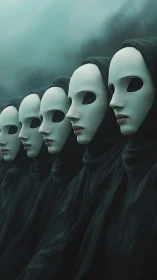 Serial veiled mannequins with hollow masks in teal haze.