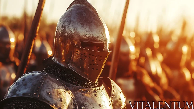 Sunlit knight in armor waiting on a glowing battlefield.