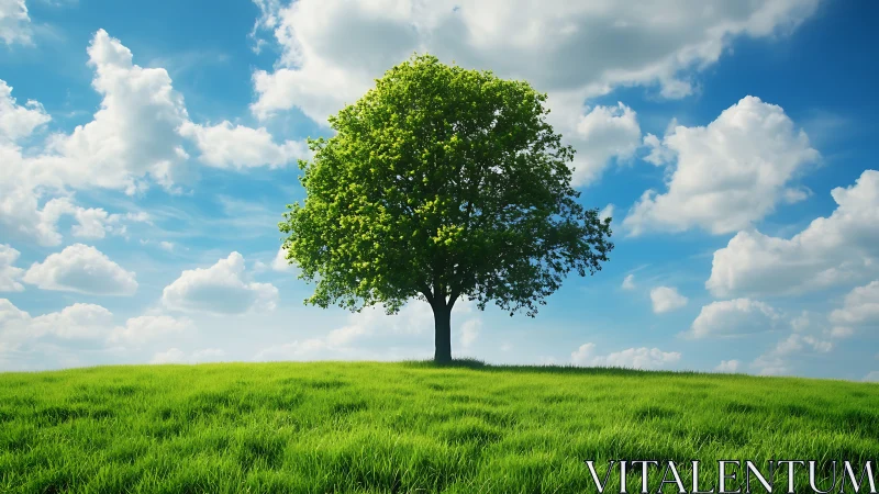 Lone green tree on grassy hill under blue sky, realistic style.