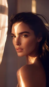 Woman portrait in warm directional window light indoors