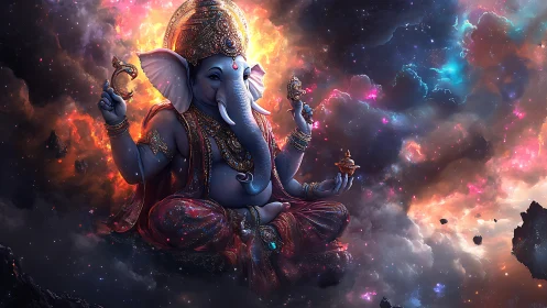 Radiant cosmic deity floats in swirling nebula light