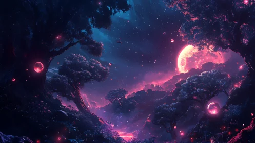 Luminous moonforest under neon skies of enchanted twilight.