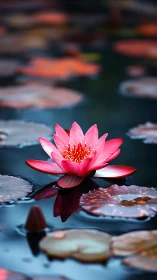 Pink water lily glows softly above reflective pond surface.