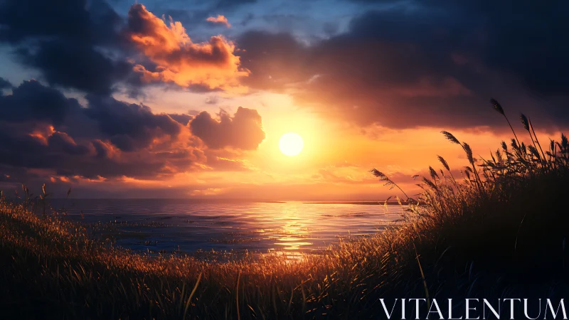 Sunset over calm sea with silhouetted coastal grasses.