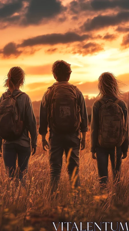 Backpackers watch blazing sunset over golden field.