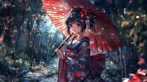Kimono girl with red umbrella in rainy forest scene.
