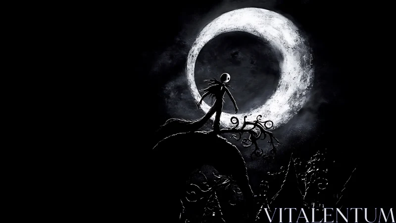 Skeletal figure on twisted hill under bright crescent moon.