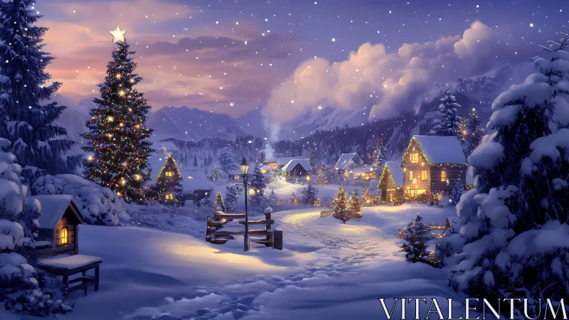 Snowy Christmas village glows under twilight snowfall