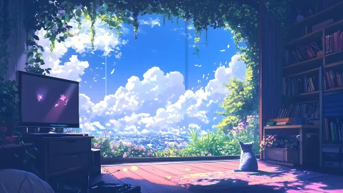 Cat in quiet room facing bright cloud filled city view.