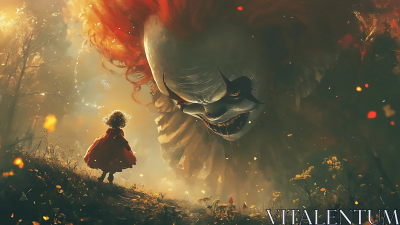 Giant demonic clown looms over child in eerie forest