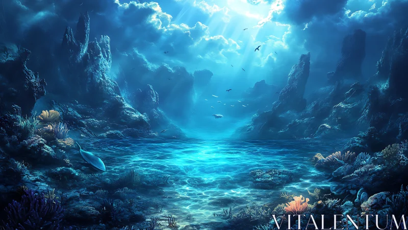 Underwater canyon floor glows beneath strong surface light