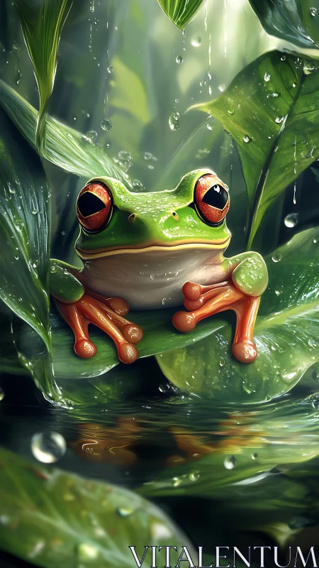 Rain-kissed tree frog rests among glowing jungle leaves