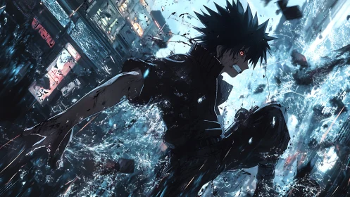 Stormlit anime warrior unleashes fierce energy in the city