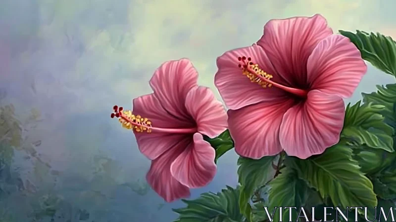 Pink Hibiscus Flowers with Yellow Stamens Against Cloudy Sky.