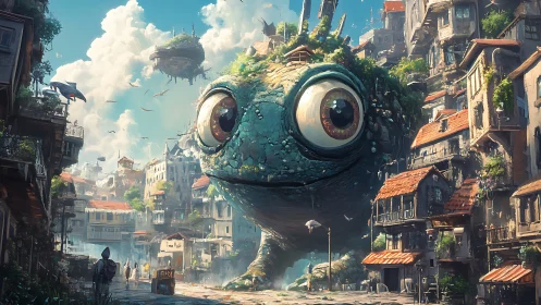 Giant whimsical turtle wanders through a floating sky city