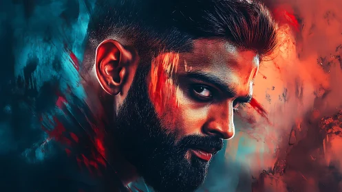 Digital painting portrait with dual-toned abstract backdrop.