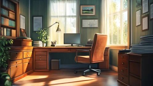 Sunlit home office workspace shows warm wooden interior