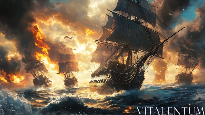 Sailing warships amid ocean waves and extensive firestorm.