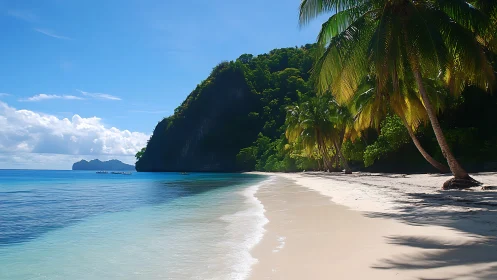 Tropical Lagoon Beach with Limestone Cliffs and Palm Grove Canopy.