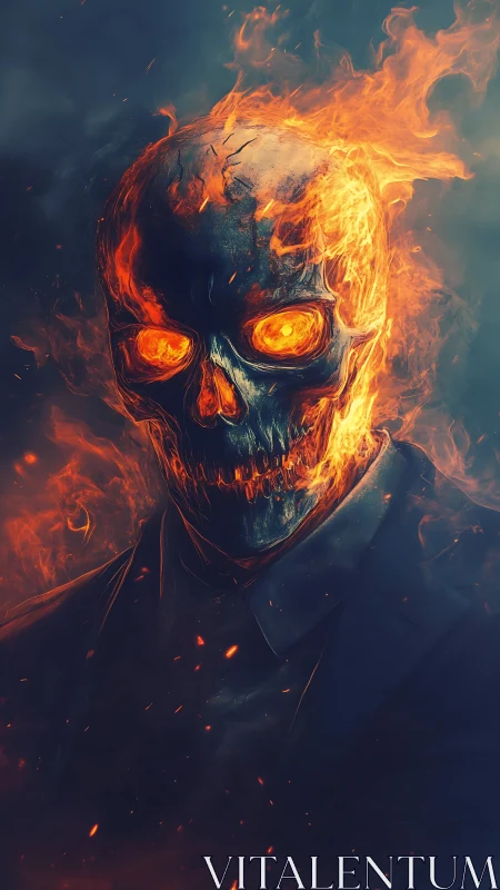 Flaming skull figure in suit rendered with vivid fire effects