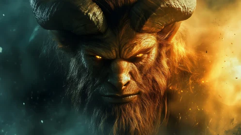 Horned demonic beast stares forward with glowing eyes