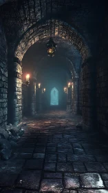 Dungeon corridor under torchlight with distant iron gate.
