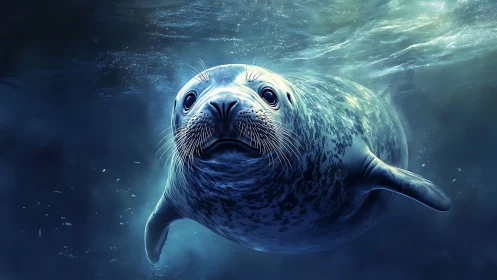 Curious harbor seal glides through moody blue ocean light