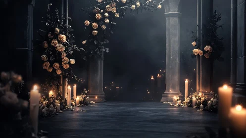 Candlelit floral colonnade in moody digital painting composition.