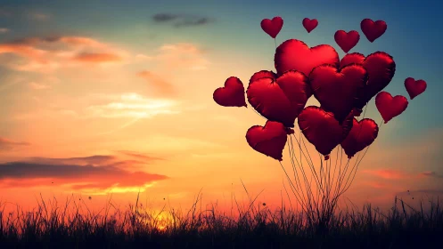 Red heart balloons floating against luminous sunset gradient sky